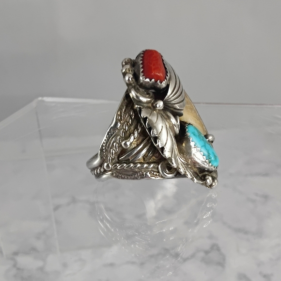 Zuni Sterling Silver Ring Size 11 Turquoise, Coral Bennie Bowekaty - Picture 3 of 12